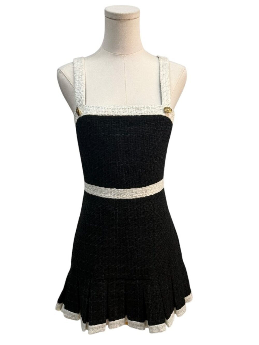 NWT Alice + Olivia Clarine Black & Off White Tweed Pleated Mini Dress Size 4